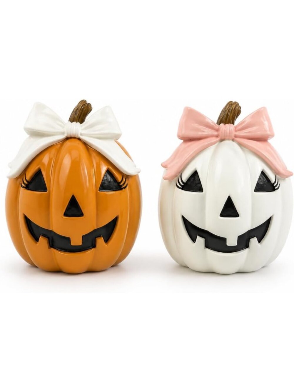 Bowknot Pumpkin Orange White Set 2 Figurines Hand Painted Resin Halloween Décor